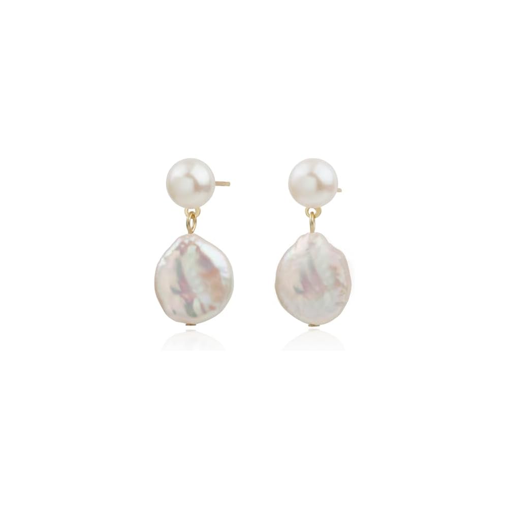 Handmade Freshwater Cultured Coin Pearl Dangling Drop Earrings for Women