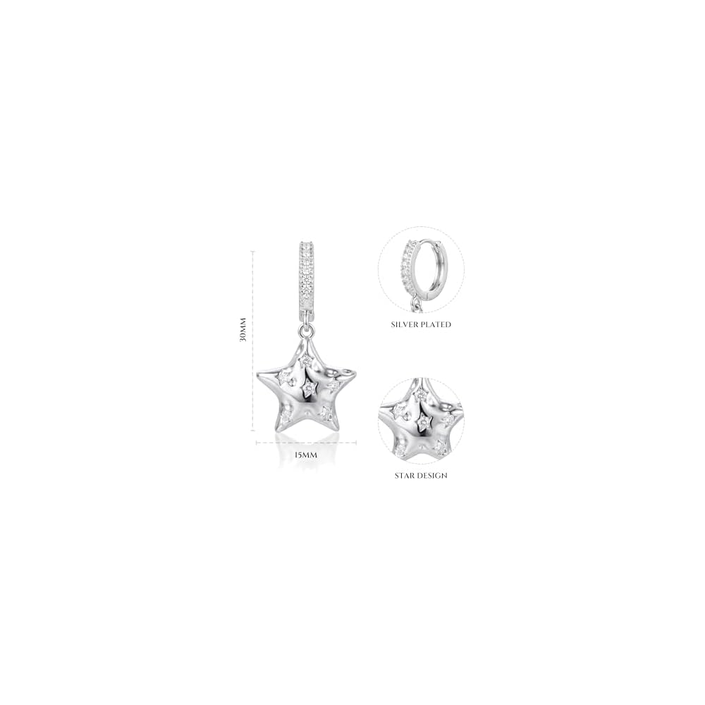 Silver Star Huggie Hoop Earrings for Women – CZ Celestial Earrings with Star Drop, Y2K Star Jewelry for Birthday Daily Wear