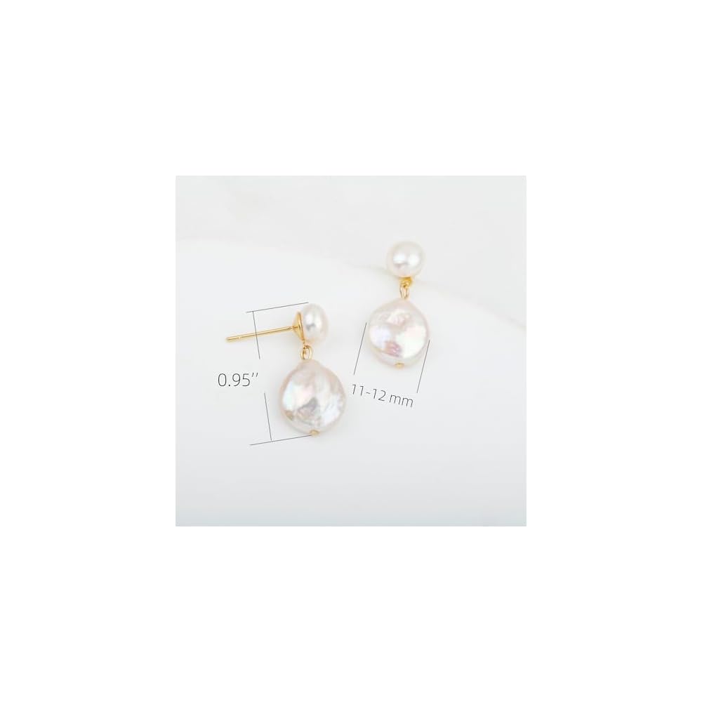 Handmade Freshwater Cultured Coin Pearl Dangling Drop Earrings for Women