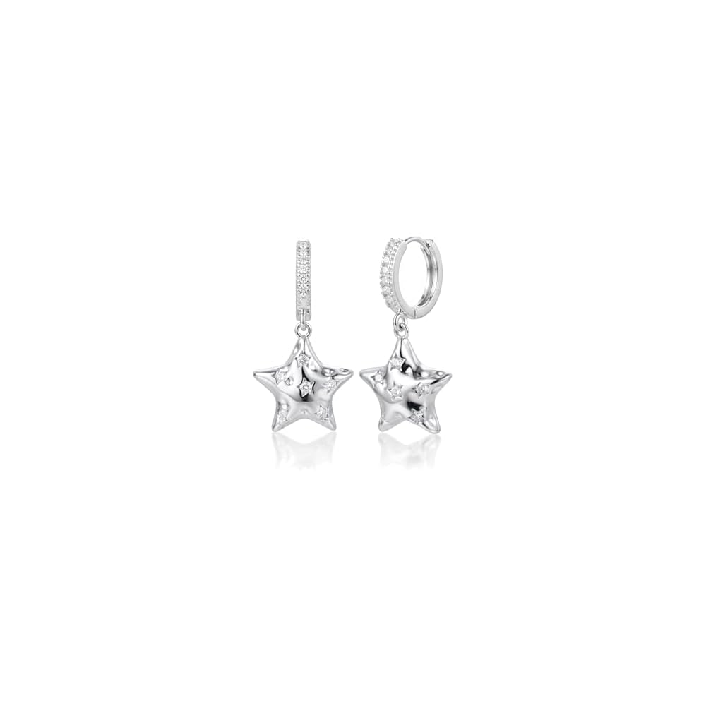Silver Star Huggie Hoop Earrings for Women – CZ Celestial Earrings with Star Drop, Y2K Star Jewelry for Birthday Daily Wear