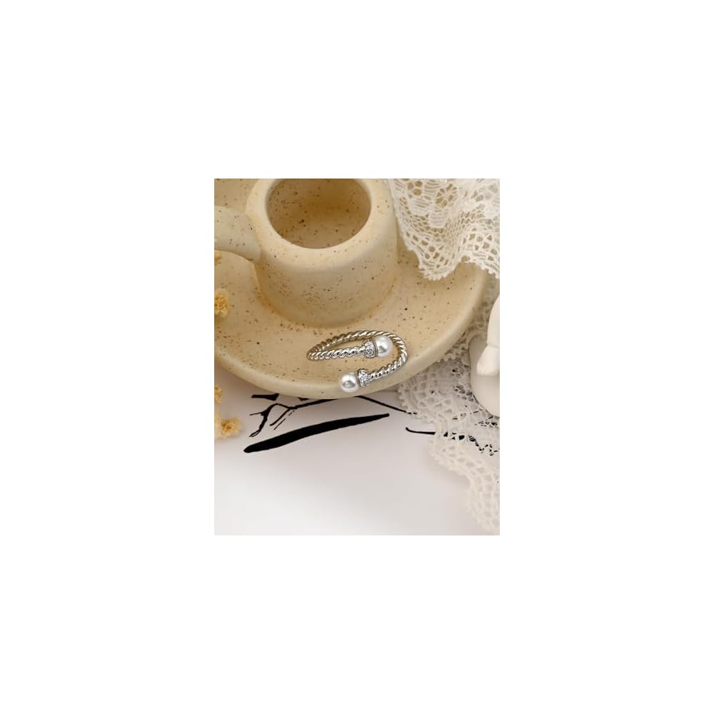 Double Pearl Cubic Zirconia Twist Cable Open Ring Silver Wrap Adjustable Ring for Women