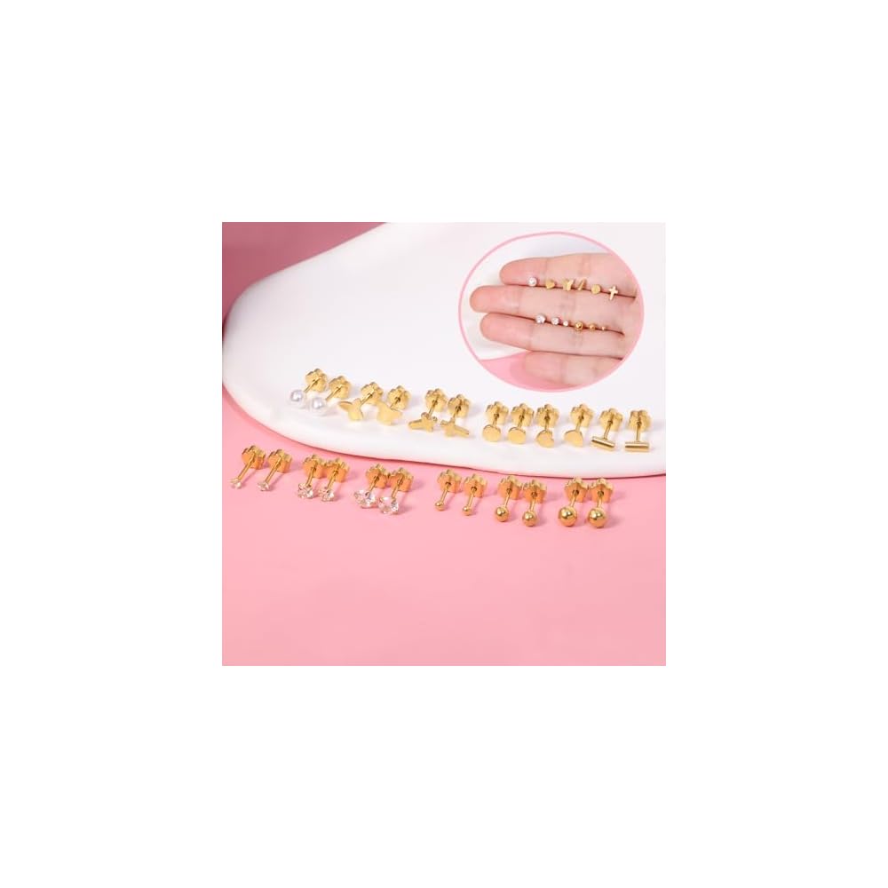 Hypoallergenic Earrings for Girls Kids Toddler Women, Surgical Stainless Steel Screw Back Stud Earrings for Sensitive Ears Cute Flower Butterfly Gold Silver Earring Flat Back Earring