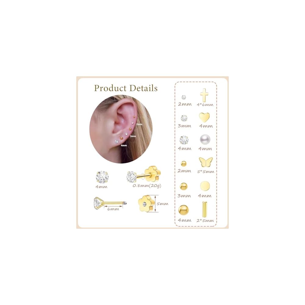 Hypoallergenic Earrings for Girls Kids Toddler Women, Surgical Stainless Steel Screw Back Stud Earrings for Sensitive Ears Cute Flower Butterfly Gold Silver Earring Flat Back Earring