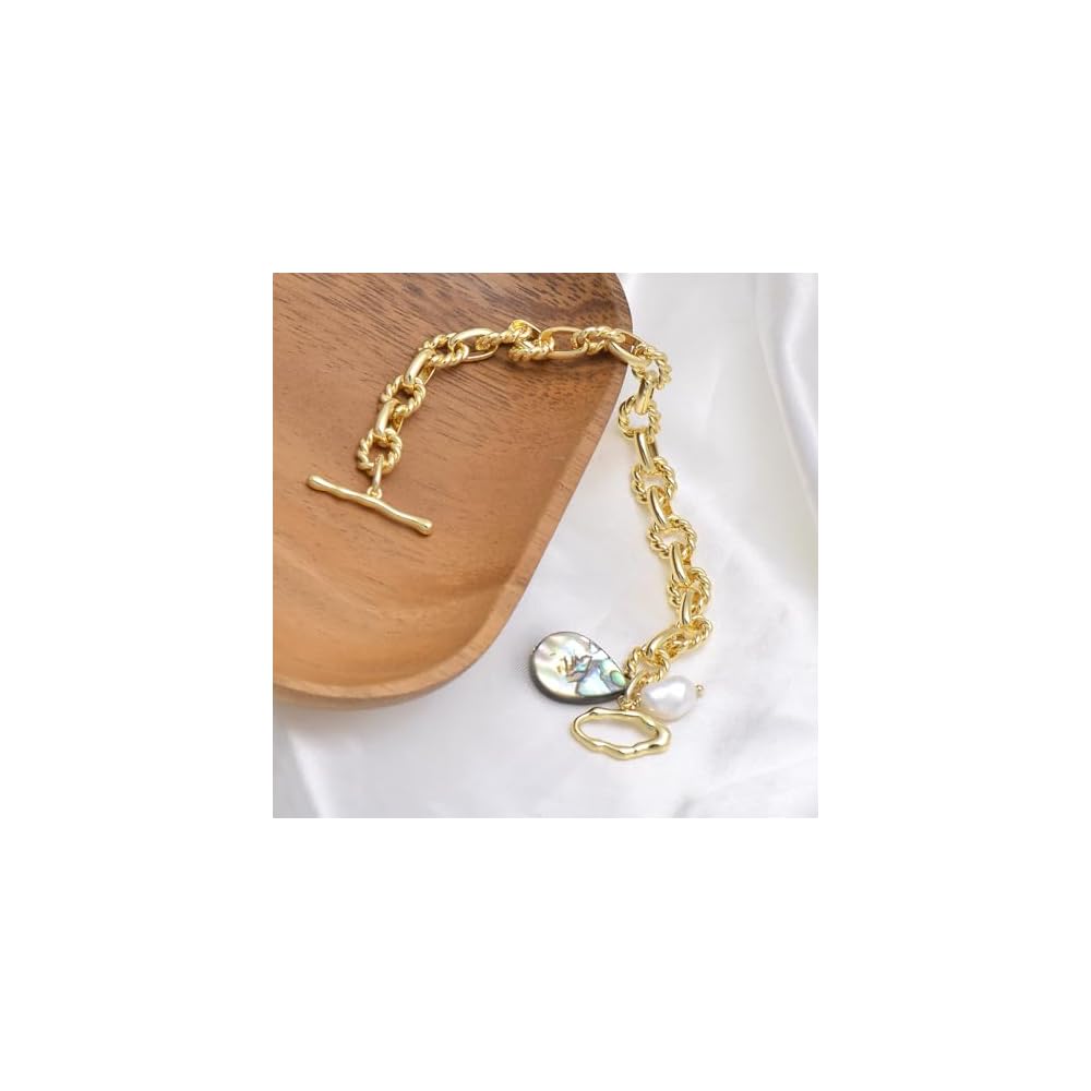 Abalone Shell & Pearl Charms Rope Oval Chain Bracelet for Women