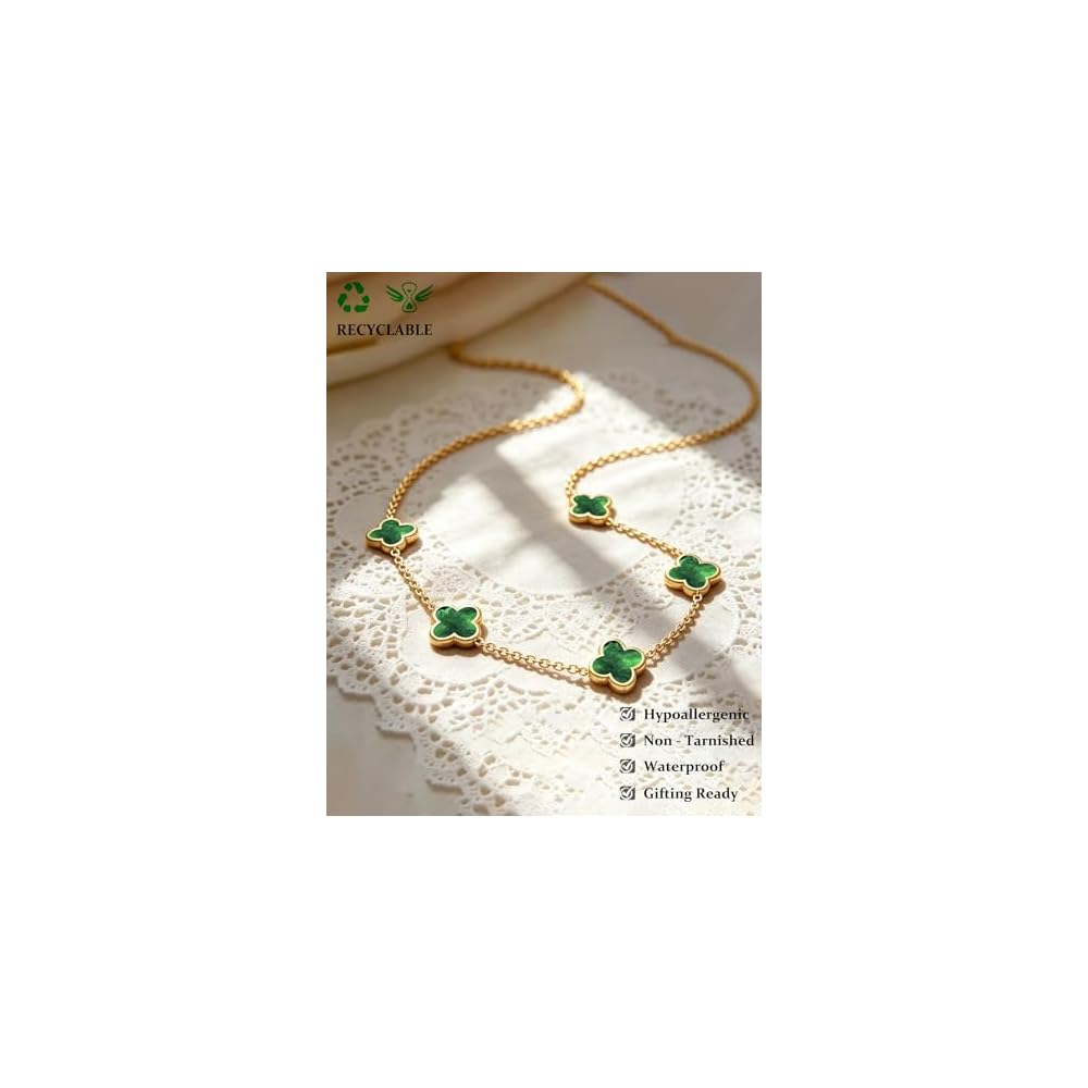 Four Leaf Clover Necklace for Women -18K Gold Plated Stainless Steel Lucky Necklaces, Non-Tarnish Hypoallergenic Black/White/Wine Red/Emerald Green/Navy Blue Clover Pendant Lucky Gifts for Women