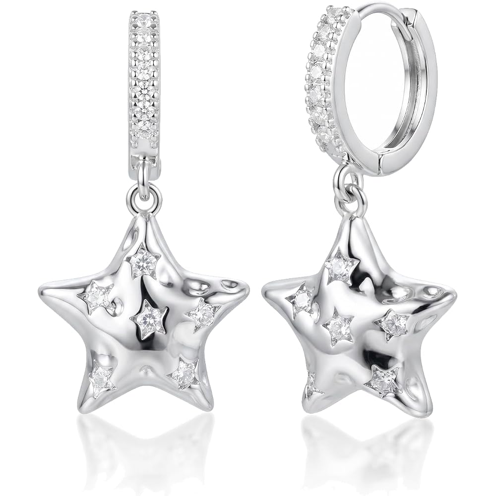 Silver Star Huggie Hoop Earrings for Women – CZ Celestial Earrings with Star Drop, Y2K Star Jewelry for Birthday Daily Wear