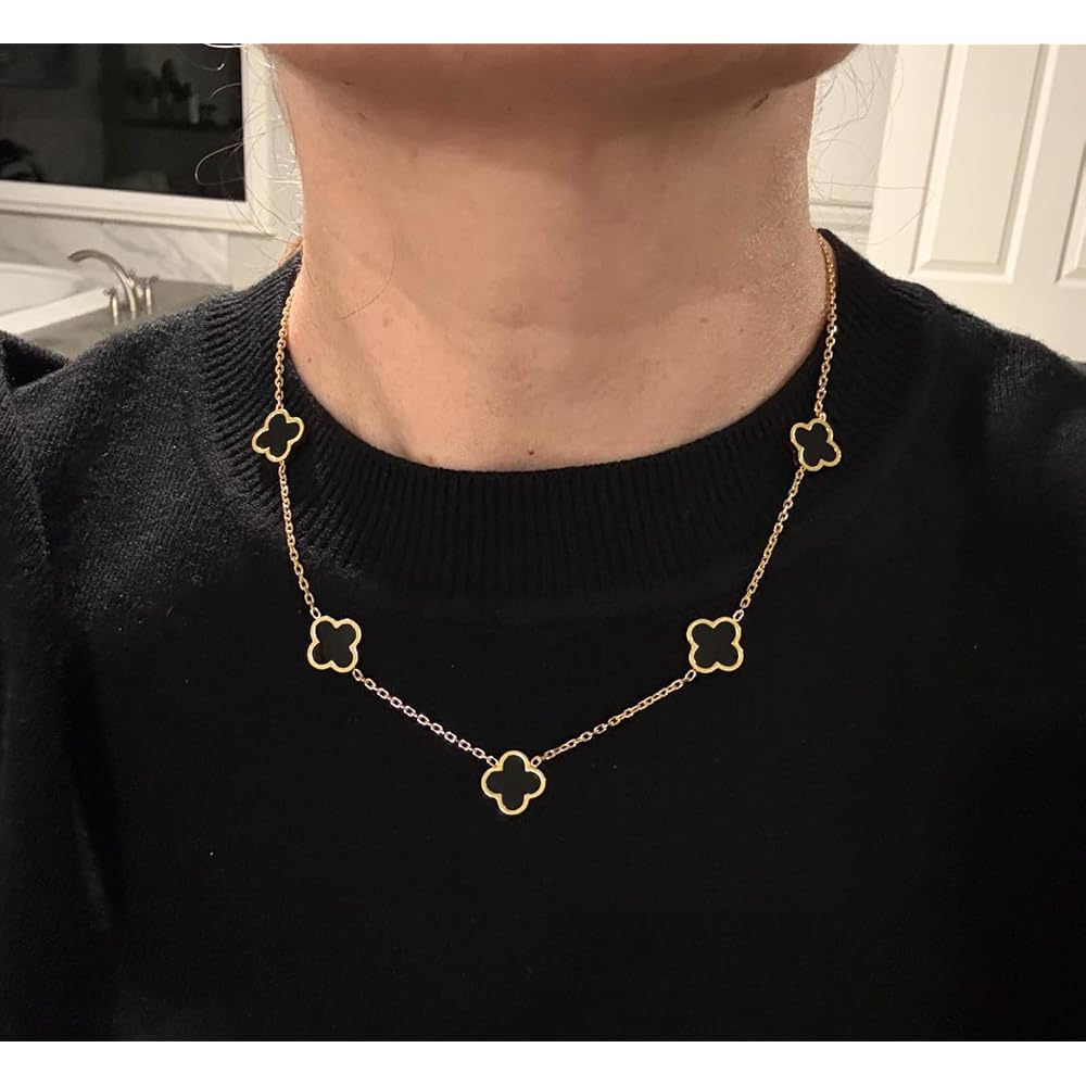 Four Leaf Clover Necklace for Women -18K Gold Plated Stainless Steel Lucky Necklaces, Non-Tarnish Hypoallergenic Black/White/Wine Red/Emerald Green/Navy Blue Clover Pendant Lucky Gifts for Women