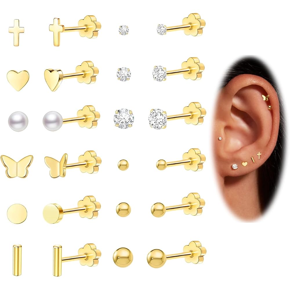 Hypoallergenic Earrings for Girls Kids Toddler Women, Surgical Stainless Steel Screw Back Stud Earrings for Sensitive Ears Cute Flower Butterfly Gold Silver Earring Flat Back Earring