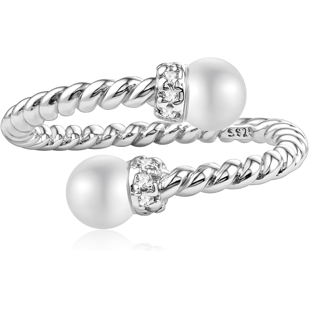 Double Pearl Cubic Zirconia Twist Cable Open Ring Silver Wrap Adjustable Ring for Women