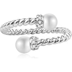 Double Pearl Cubic Zirconia Twist Cable Open Ring Silver Wrap Adjustable Ring for Women